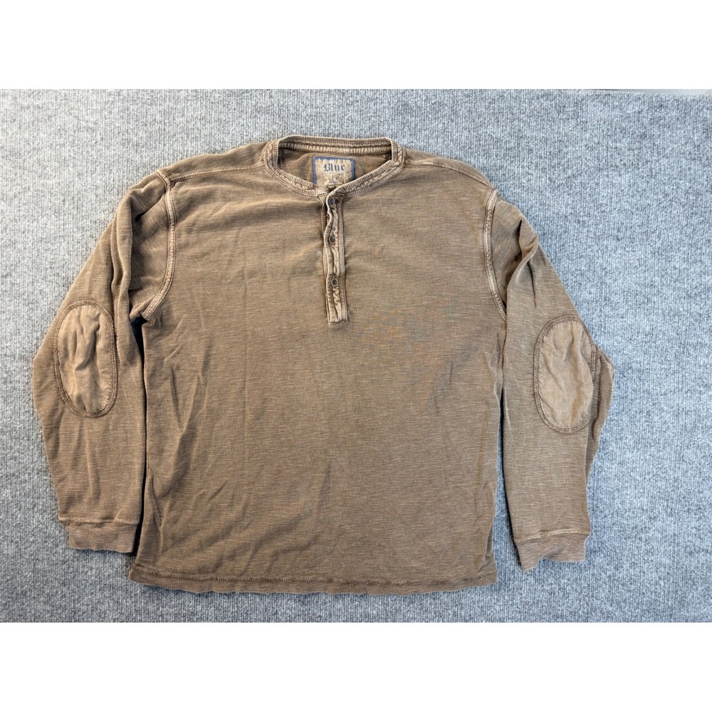 Blue Pronto Uomo Mens Large Brown Cotton Thermal Henley Shirt Elbow Patch Faded